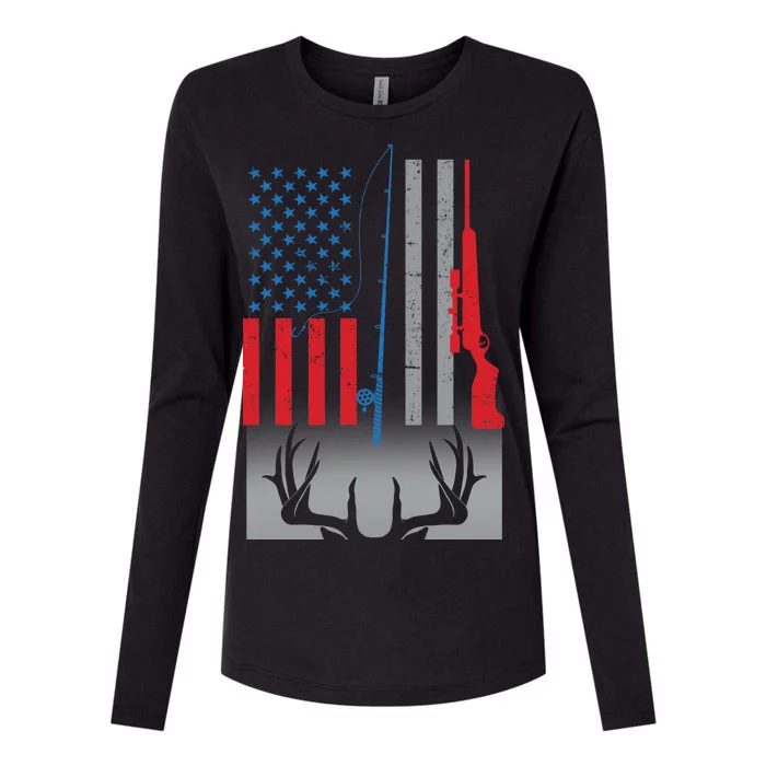 Fishing Rod Hunting Rifle American Flag Womens Cotton Relaxed Long Sleeve T-Shirt