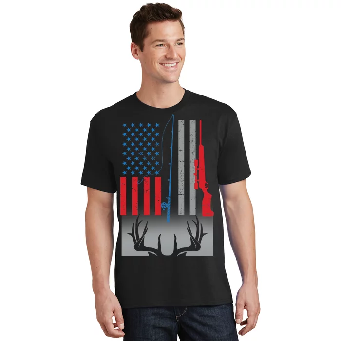 Fishing Rod Hunting Rifle American Flag T-Shirt