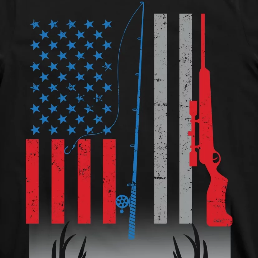 Fishing Rod Hunting Rifle American Flag T-Shirt