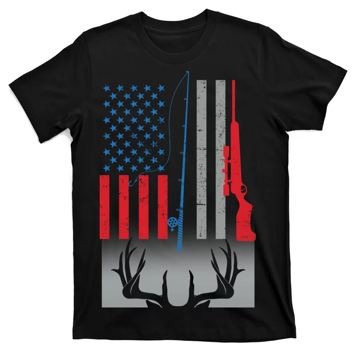 Fishing Rod Hunting Rifle American Flag T-Shirt