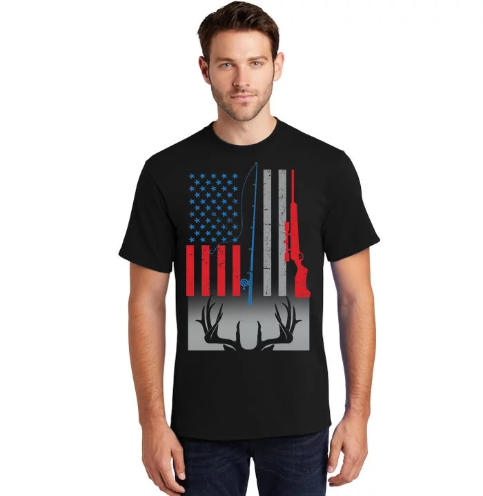 Fishing Rod Hunting Rifle American Flag Tall T-Shirt