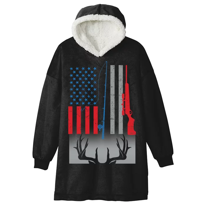 Fishing Rod Hunting Rifle American Flag Hooded Wearable Blanket