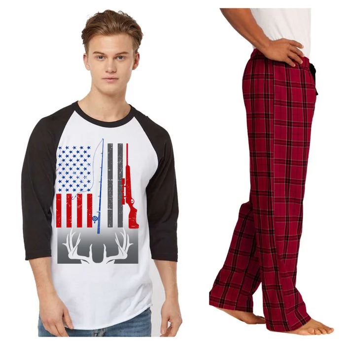 Fishing Rod Hunting Rifle American Flag Raglan Sleeve Pajama Set