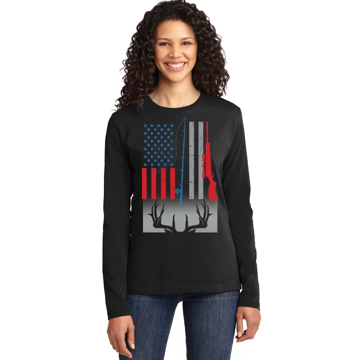 Fishing Rod Hunting Rifle American Flag Ladies Long Sleeve Shirt