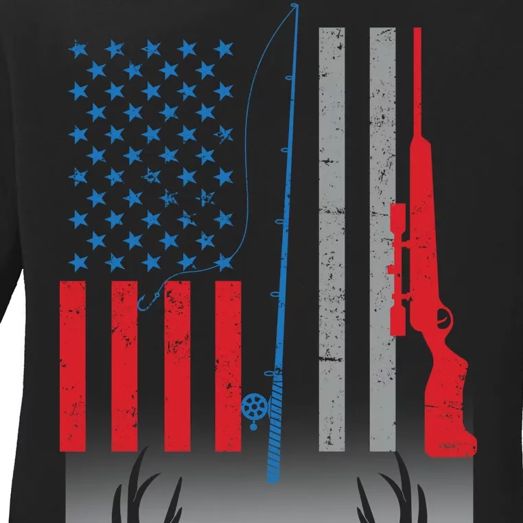 Fishing Rod Hunting Rifle American Flag Ladies Long Sleeve Shirt