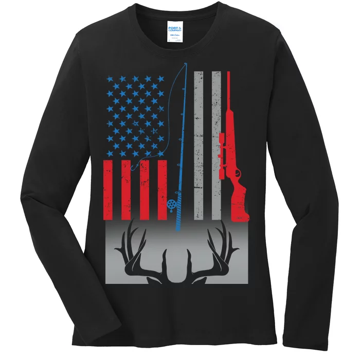 Fishing Rod Hunting Rifle American Flag Ladies Long Sleeve Shirt