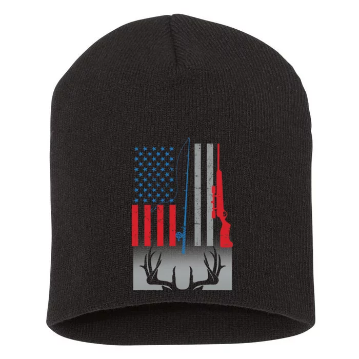 Fishing Rod Hunting Rifle American Flag Short Acrylic Beanie