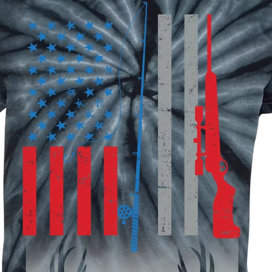 Fishing Rod Hunting Rifle American Flag Kids Tie-Dye T-Shirt