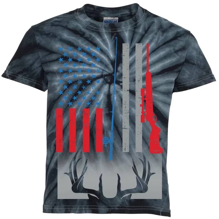 Fishing Rod Hunting Rifle American Flag Kids Tie-Dye T-Shirt