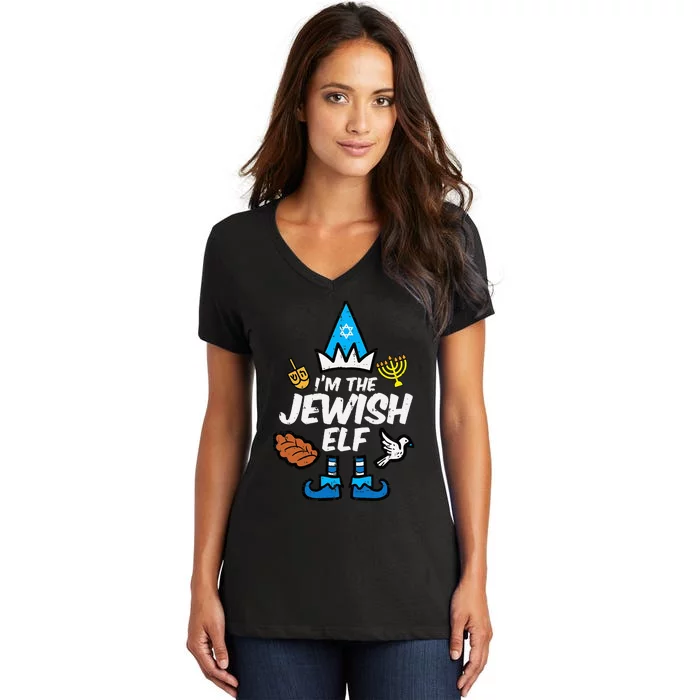 funny Im The Jewish Elf Family Hanukkah Chanukah Women's V-Neck T-Shirt