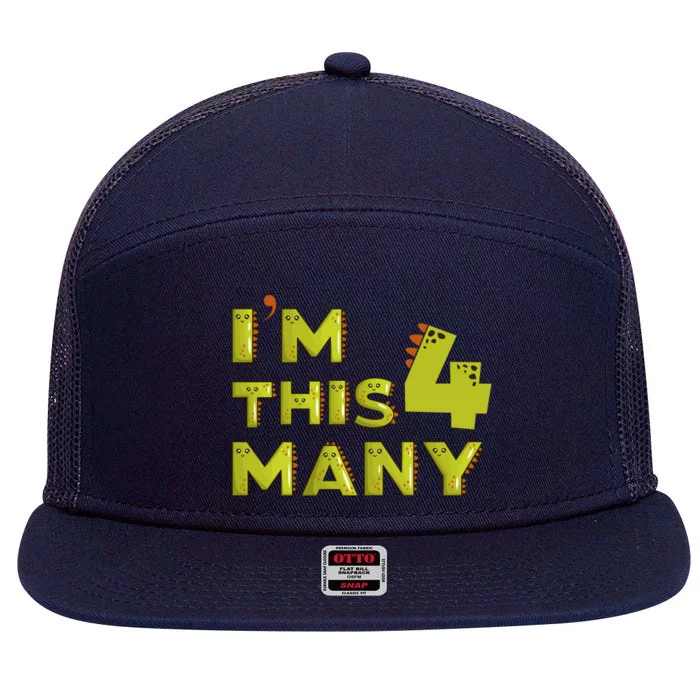 Funny Im This Many 4th Birthday Dinosaur Gift 7 Panel Mesh Trucker Snapback Hat