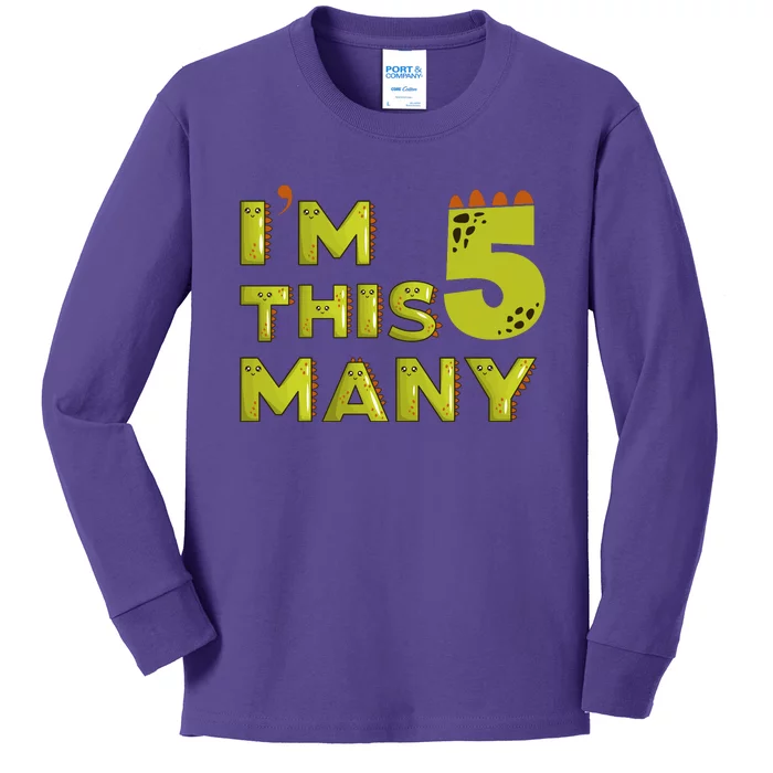 Funny Im This Many 5th Birthday Dinosaur Gift Kids Long Sleeve Shirt