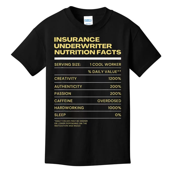 Funny Insurance Underwriter Nutrition Facts Kids T-Shirt