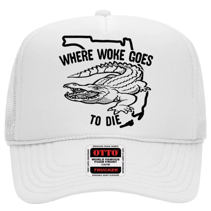 Florida Is Where Woke Goes To Die Crocodile Alligator High Crown Mesh Trucker Hat