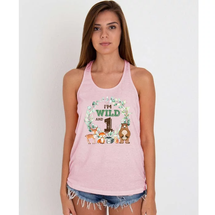 Funny Im Wild And One Zoo Theme Birthday Safari Jungle Animals Women's Knotted Racerback Tank