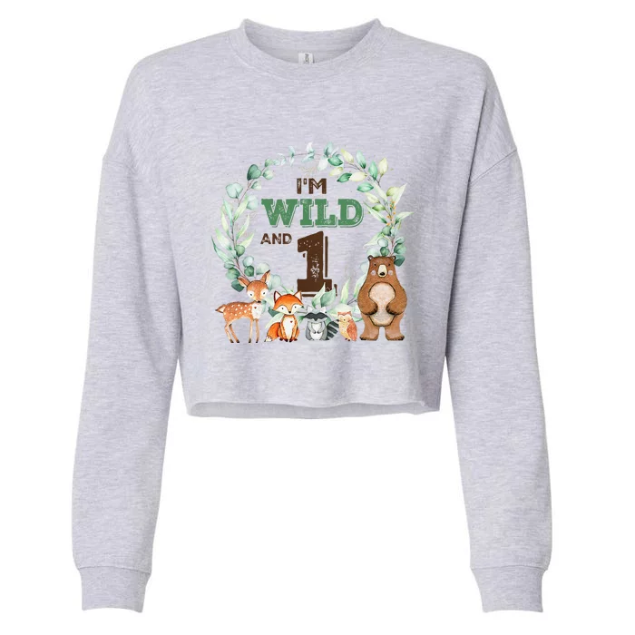 Funny Im Wild And One Zoo Theme Birthday Safari Jungle Animals Cropped Pullover Crew