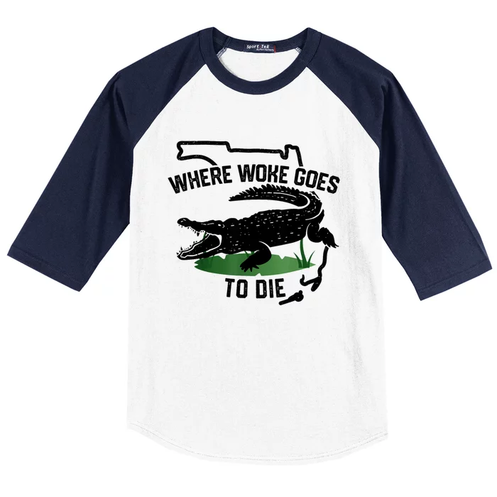 Florida Is Where Woke Goes To Die Crocodile Alligator Baseball Sleeve Shirt