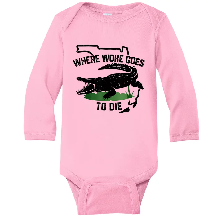 Florida Is Where Woke Goes To Die Crocodile Alligator Baby Long Sleeve Bodysuit