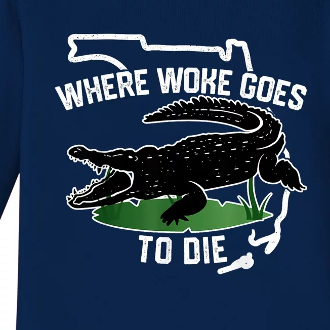 Florida Is Where Woke Goes To Die Crocodile Alligator Baby Long Sleeve Bodysuit