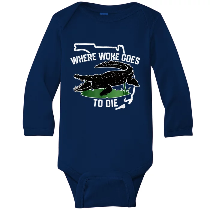 Florida Is Where Woke Goes To Die Crocodile Alligator Baby Long Sleeve Bodysuit