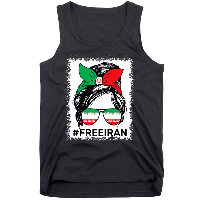 Free Iran Women Life Freedom Bleached Messy Bun Iranian Flag Tank Top