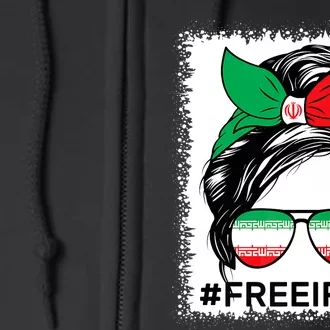 Free Iran Women Life Freedom Bleached Messy Bun Iranian Flag Full Zip Hoodie