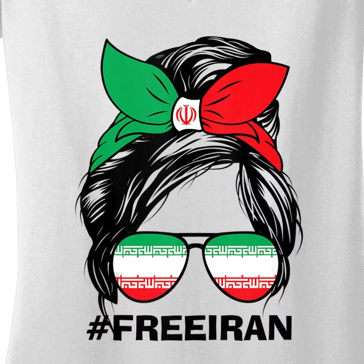 Free Iran Women Life Freedom Messy Bun Iranian Flag Women's V-Neck T-Shirt