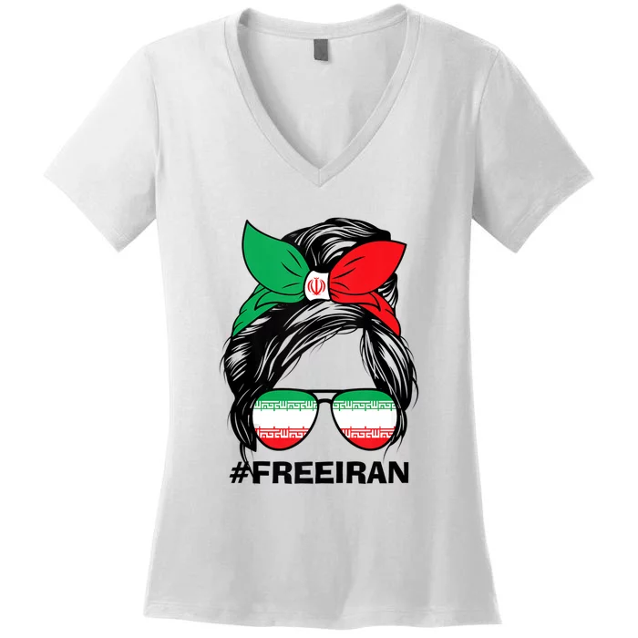 Free Iran Women Life Freedom Messy Bun Iranian Flag Women's V-Neck T-Shirt