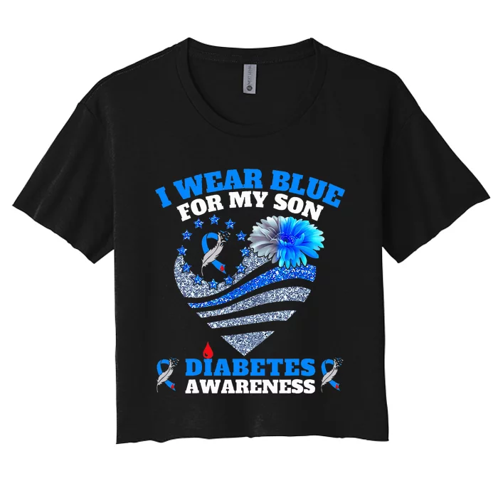 Funny I Wear Blue For My Son Diabetes Awareness Blue Ribbon Women's Crop Top Tee