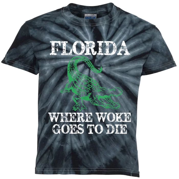 Florida Is Where Woke Goes To Die Crocodile Alligator Kids Tie-Dye T-Shirt