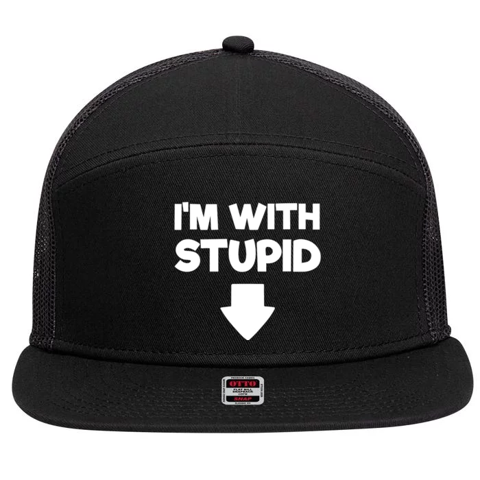 Funny Im With Stupid Pointing Down 7 Panel Mesh Trucker Snapback Hat