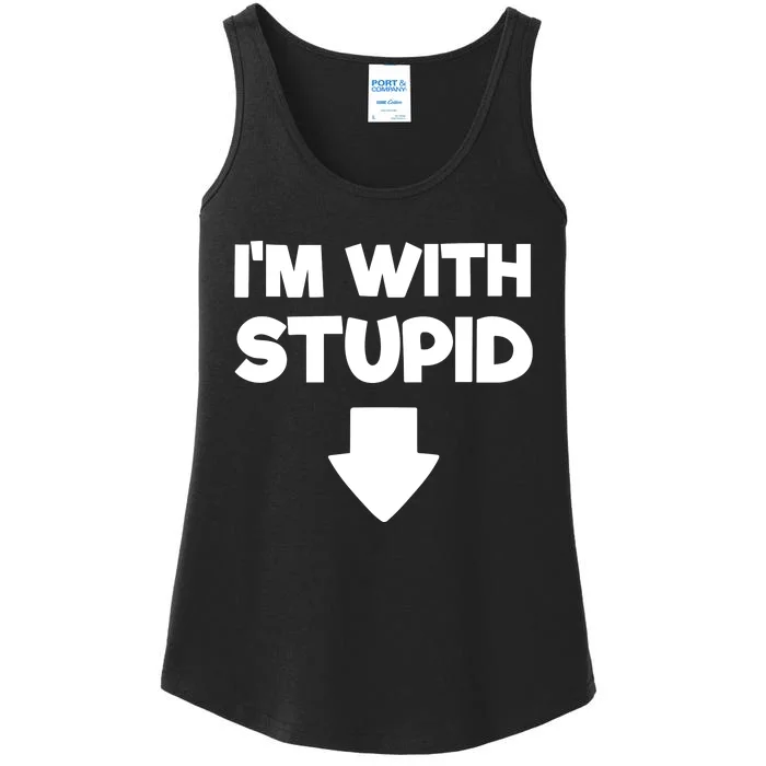 Funny Im With Stupid Pointing Down Ladies Essential Tank