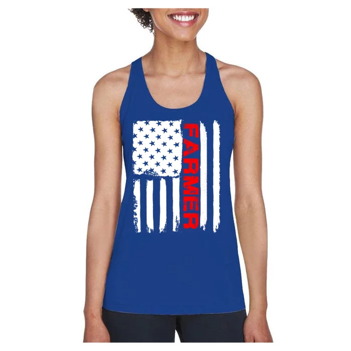 Farmer July 4 American Flag Funny Gift Farm Cow Tractor Gift Tee Great Gift Women's Racerback Tank