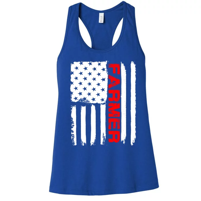 Farmer July 4 American Flag Funny Gift Farm Cow Tractor Gift Tee Great Gift Women's Racerback Tank