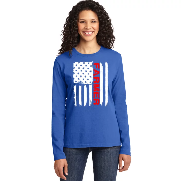 Farmer July 4 American Flag Funny Gift Farm Cow Tractor Gift Tee Great Gift Ladies Long Sleeve Shirt