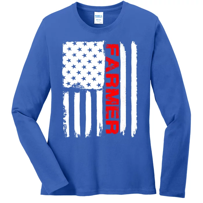 Farmer July 4 American Flag Funny Gift Farm Cow Tractor Gift Tee Great Gift Ladies Long Sleeve Shirt