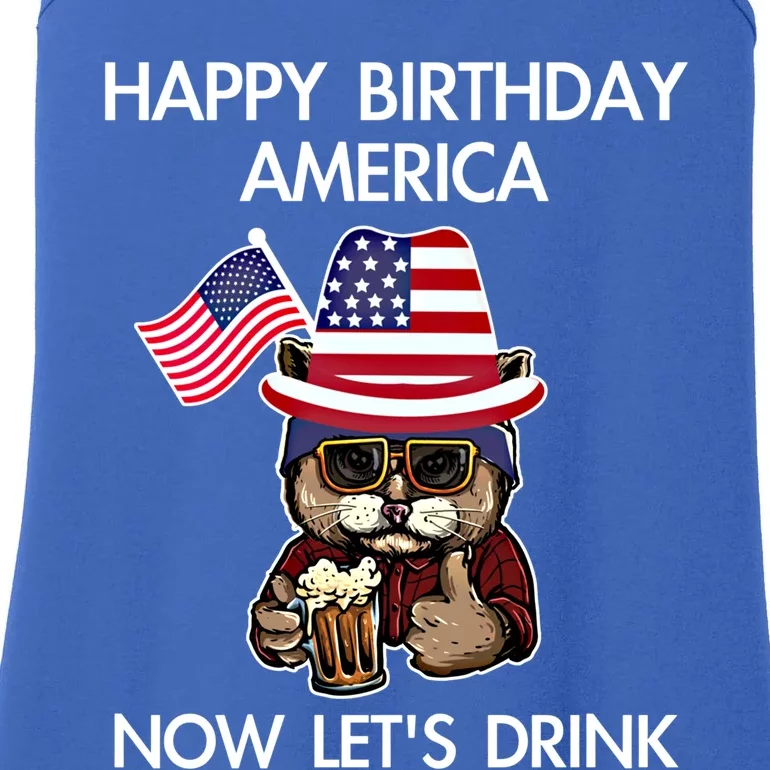 Funny July 4th Happy Birthday America Cat Let's Beer Gift Ladies Essential Tank