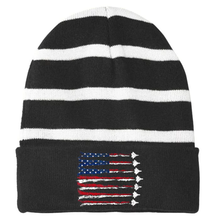 Fighter Jet Airplane Usa Flag Striped Beanie with Solid Band