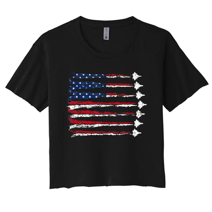 Fighter Jet Airplane Usa Flag Women's Crop Top Tee