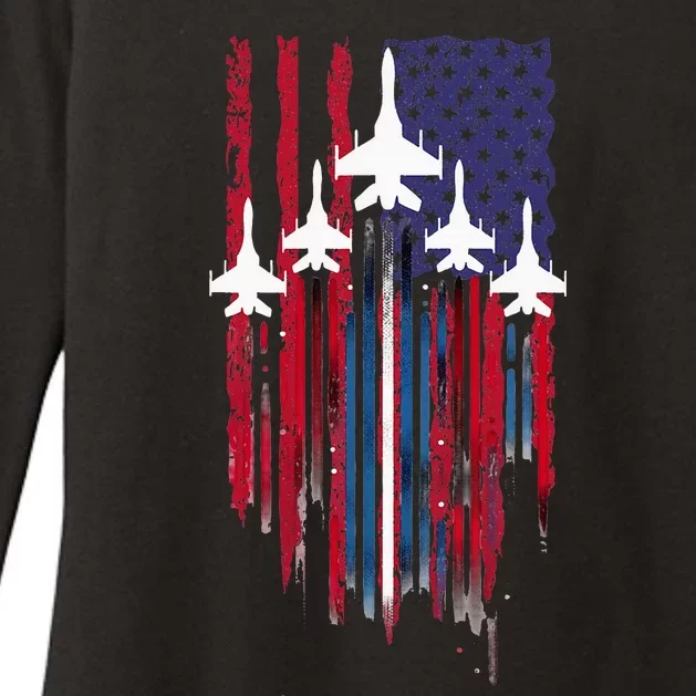 Fighter Jet Airplane American Flag Patriotic Womens CVC Long Sleeve Shirt