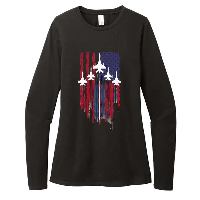 Fighter Jet Airplane American Flag Patriotic Womens CVC Long Sleeve Shirt