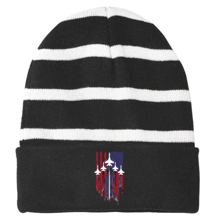 Fighter Jet Airplane American Flag Patriotic Striped Beanie with Solid Band