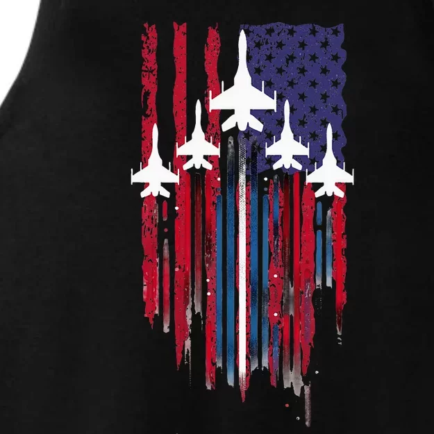 Fighter Jet Airplane American Flag Patriotic Ladies Tri-Blend Wicking Tank