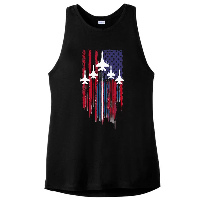 Fighter Jet Airplane American Flag Patriotic Ladies Tri-Blend Wicking Tank