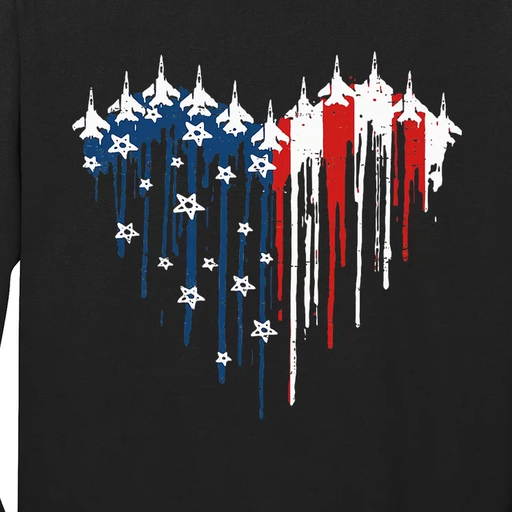 Fighter Jet Airplane American Flag Heart Long Sleeve Shirt