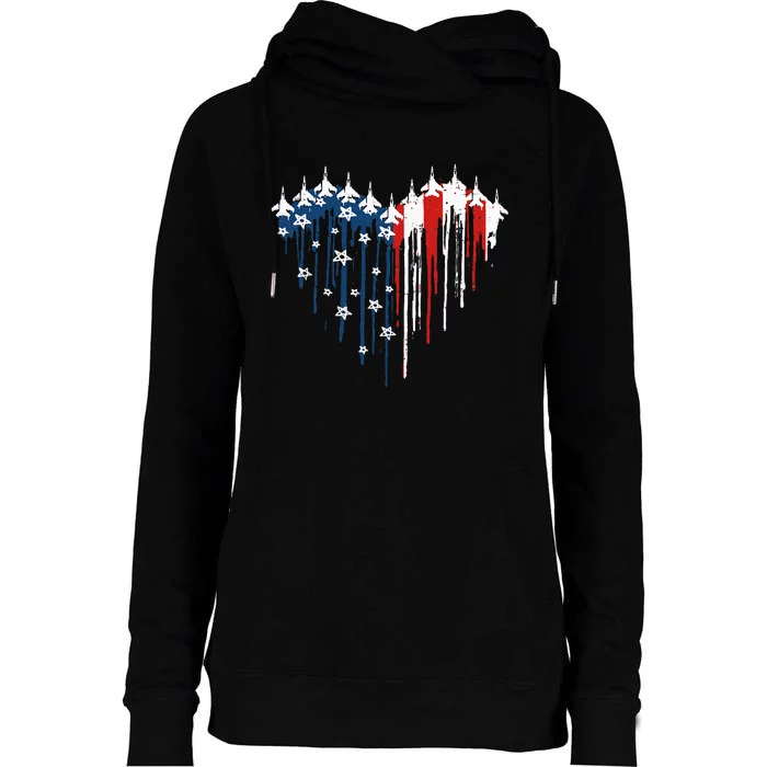 Fighter Jet Airplane American Flag Heart Womens Funnel Neck Pullover Hood