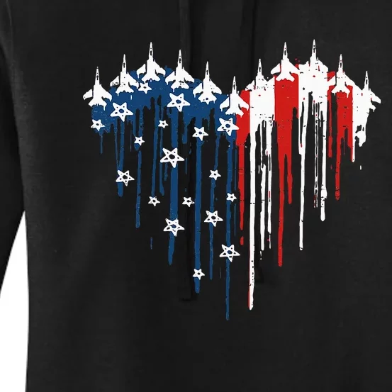 Fighter Jet Airplane American Flag Heart Women's Pullover Hoodie