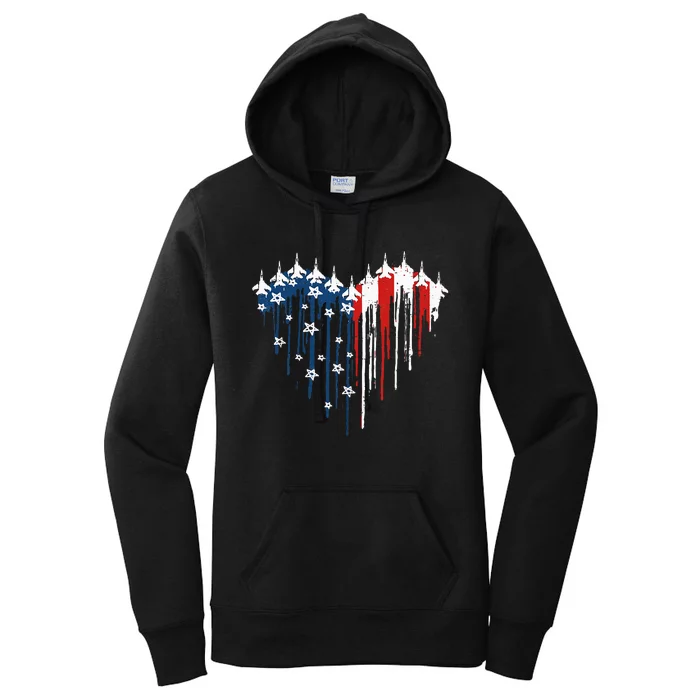 Fighter Jet Airplane American Flag Heart Women's Pullover Hoodie