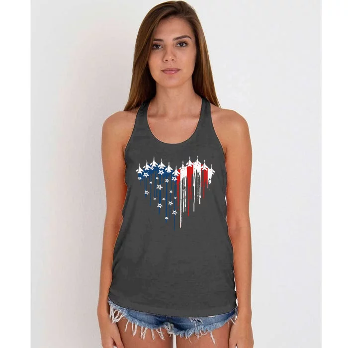 Fighter Jet Airplane American Flag Heart Women's Knotted Racerback Tank