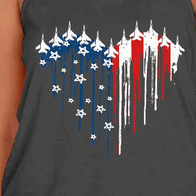 Fighter Jet Airplane American Flag Heart Women's Knotted Racerback Tank